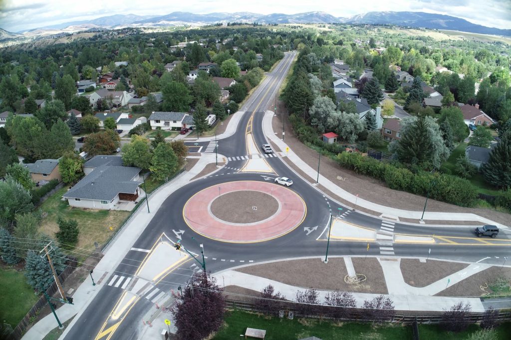 aerial view of a roundabout showcasing the engineering services of the community transportation group at Sanbell