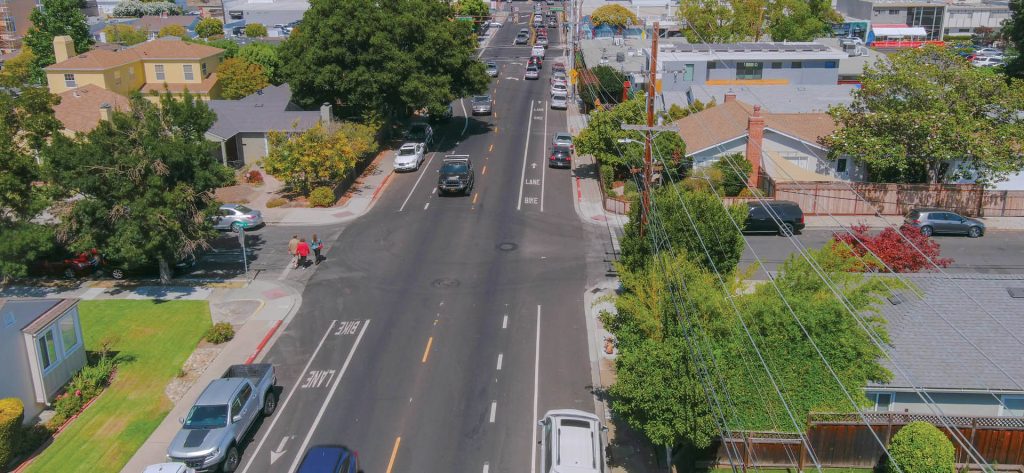 Aerial view of a section of road as part of the San Carlos pavement rehabilitation project.